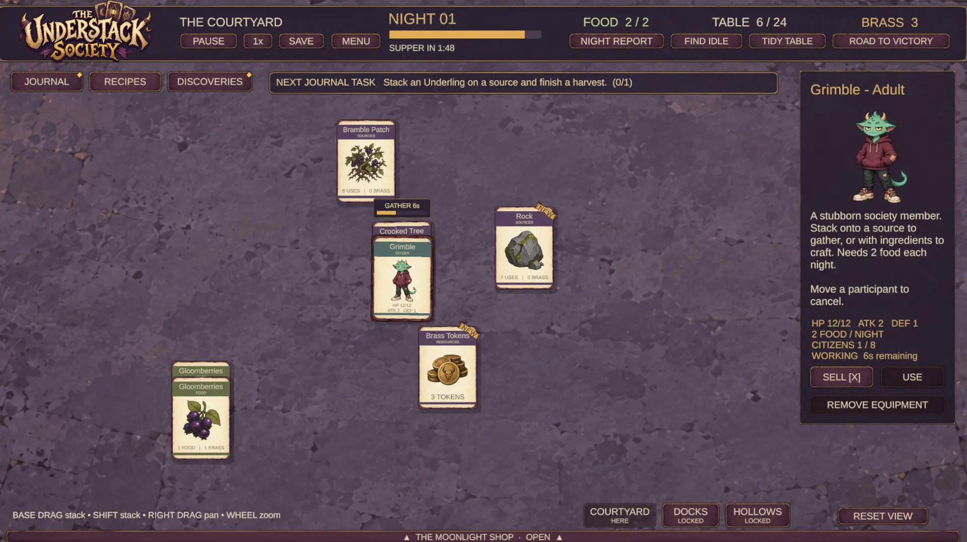 An Underling gathering resources from stacked cards in the courtyard
