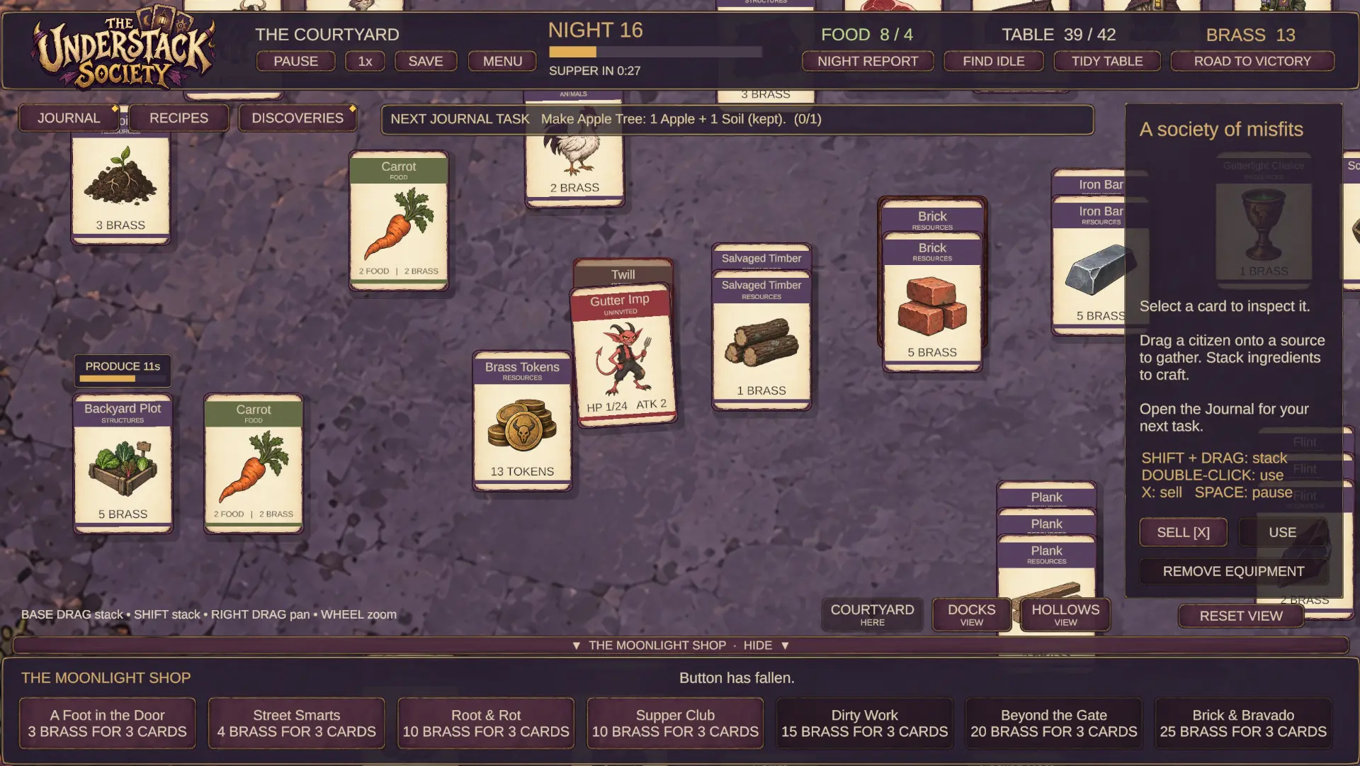 A close-up of cards in the Courtyard, including a Gutter Imp and stacks of building materials